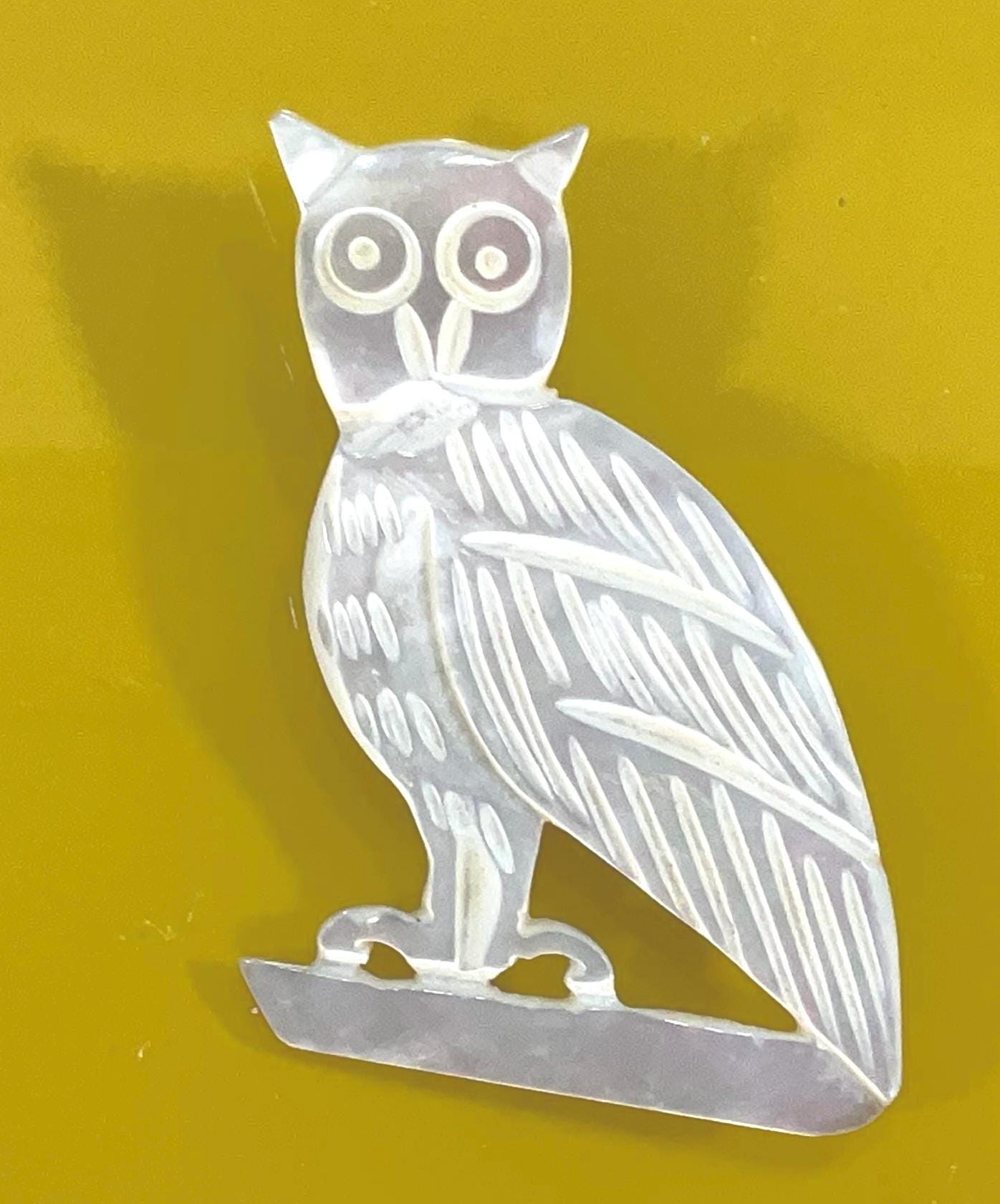 Vintage Owl Pin-Lustrous Mother of Pearl Owl Brooch carved in Bethlehem