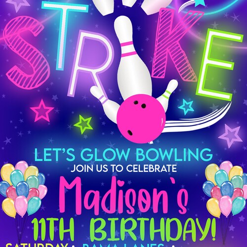 Glow Bowling Birthday Party Invitation Digital File Etsy