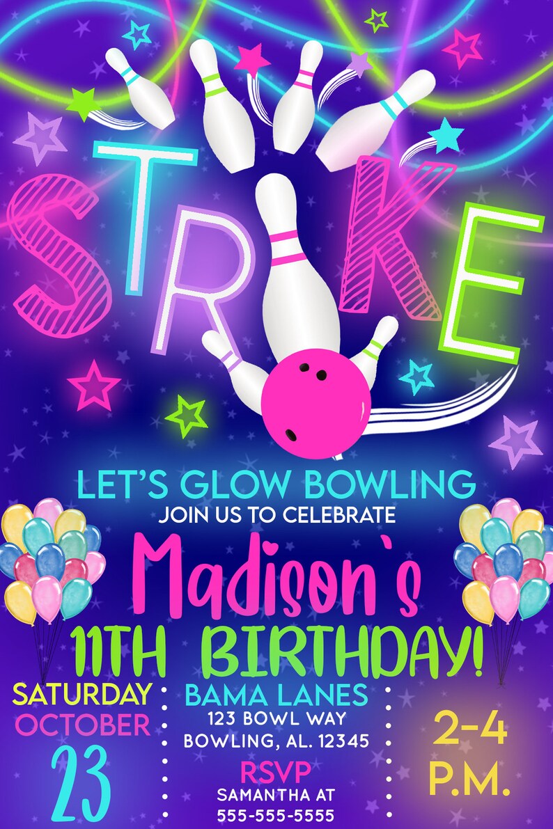 Glow Bowling Birthday Party Invitation Digital File Etsy