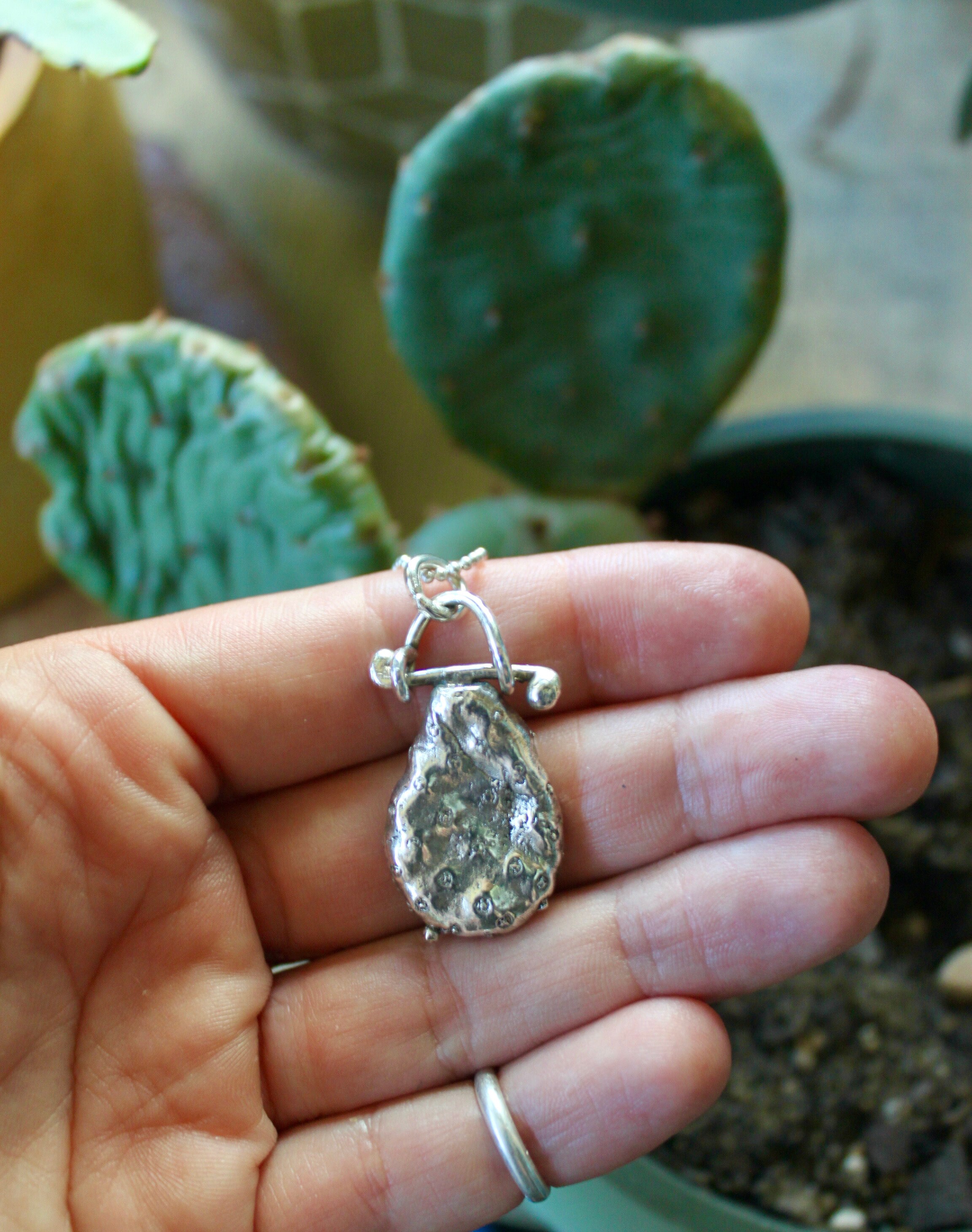 Sterling silver cast prickly pear cactus necklace