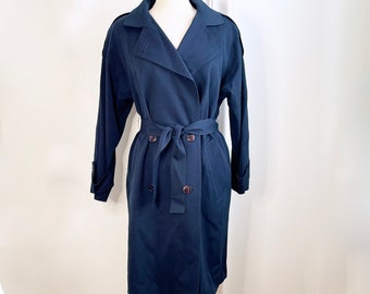 Vintage Larry Levine Trench Coat Jacket Belt Size 8 Navy Blue Union Made EUC