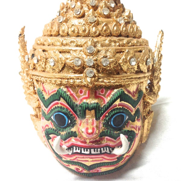 Vintage Thai Handmade Golden Tosakan Demon Mask  Khon Ramayana Miniature Mask