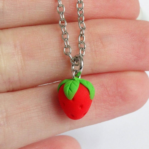 Dainty Tiny Strawberry Necklace Charm Pendant Red Fruit Kawaii Etsy