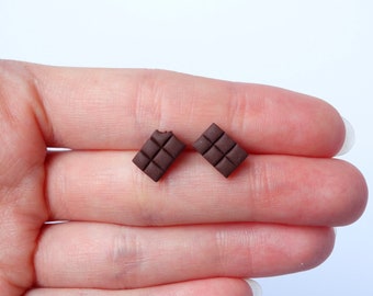 Dark chocolate bar stud earrings, tiny dainty earstuds miniature food candy, sweettooth gift, kawaii sweet lolita fashion jewelry, for girls