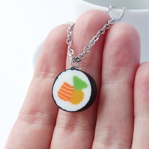Sushi maki necklace charm pendant miniature food sushi gift sushi lover present Japanese kawaii short necklace stainless steel handmade clay
