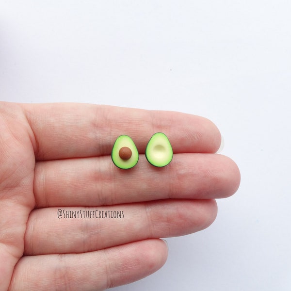 Avocado stud earrings, asymmetrical miniature food earstuds, funny quirky vegan/vegetarian/millennial gift, sterling silver/stainless steel