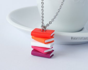 Subtle lesbian pride sunset flag necklace, stacked books, LGBTQ gay community coming out gifts, book lover charm pendant, librarian teacher
