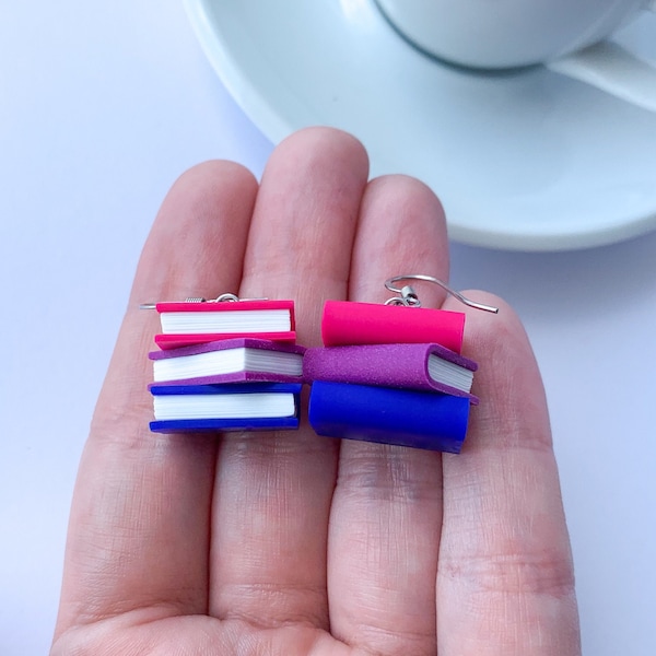 Subtle bisexual Bi pride flag dangle earrings, stacked books geeky jewelry, LGBTQIA pride earrings, gay pride month/day accessory