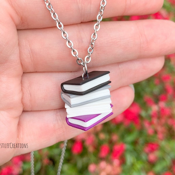 Subtle asexual ace pride flag necklace, stacked books, LGBTQ gay community coming out gifts, book lover charm pendant, librarian teacher