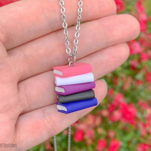 Subtle genderfluid pride flag necklace, stacked books, LGBTQ gay community coming out gifts, book lover charm pendant, librarian teacher