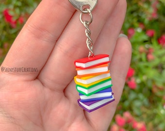 Subtle gay pride rainbow flag keychain stacked books, LGBTQ flag, queer gay bi pride month accessory, librarian teacher coming out gifts