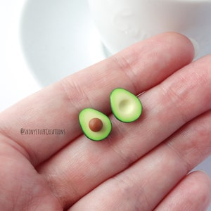 Avocado stud earrings, asymmetrical miniature food earstuds, funny quirky vegan/vegetarian/millennial gift, sterling silver/stainless steel image 2