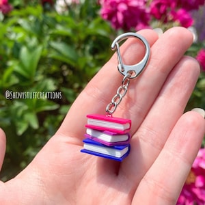 Subtle bisexual pride flag keychain stacked books, subtle LGBTQ flag, queer gay bi pride month accessory, librarian teacher book lover gifts