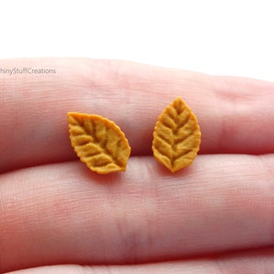 Ochre yellow leaf stud earrings, mini earstuds, autumn fall leaves nature lover jewelry, fall wedding favors, stainless steel polymer clay