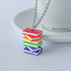 Subtle gay pride rainbow flag necklace, stacked books, LGBTQ gay community coming out gifts, book lover charm pendant, librarian teacher