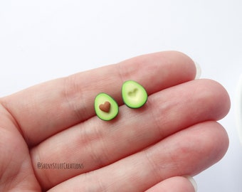 Avocado earstuds heart pit, cute silly miniature food, stud post asymmetrical earrings, funny kawaii small vegan/vegetarian/millennial gift