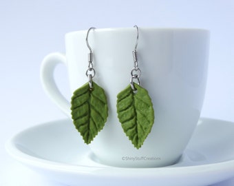 Green leaf dangle earrings, autumn fall leaves nature lover jewelry, fall wedding favors gifts presents, stainless steel sterling silver