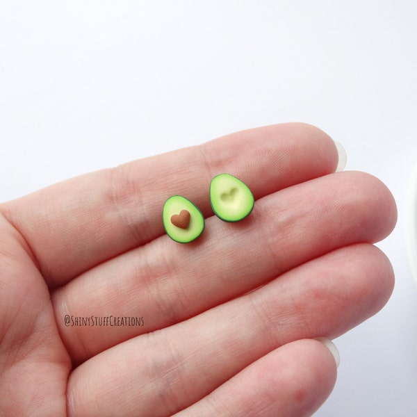 Avocado earstuds heart pit, cute silly miniature food, stud post asymmetrical earrings, funny kawaii small vegan/vegetarian/millennial gift