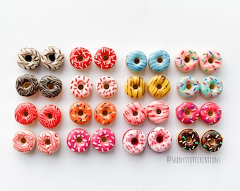 Donut earstuds, miniature food frosted glazed doughnuts with rainbow sprinkles, hypoallergenic cute kawaii stud post earrings for her/girls