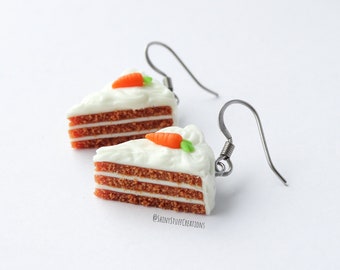 Carrot cake earrings, dangle drop jewelry, funny silly realistic miniature food jewelry, cute baker pastry chef, kawaii Easter polymer clay