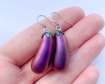 Purple eggplant earrings emoji vegetable drop earrings funny vegetable jewelry aubergine earrings miniature food earrings healthy food vegan