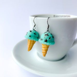 Ice cream earrings, chocolate chip mint gelato, icecream cone dangle drop jewelry, cute kawaii miniature food charms, summer accessories her