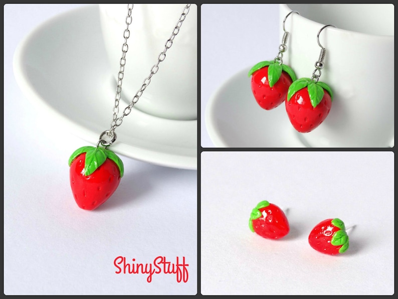 Strawberry Earrings Dangle Fruit Kawaii Cute Handmade Polymer Etsy