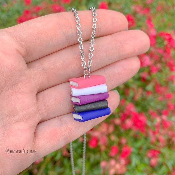 Subtle Genderfluid Pride Flag Necklace, Stacked Books, LGBTQ Gay