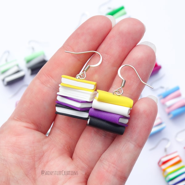 Subtle non-binary pride flag dangle earrings, stacked books geeky jewelry, LGBTQIA pride, subtle gay earrings LGBTQ+ jewelry, librarian gift
