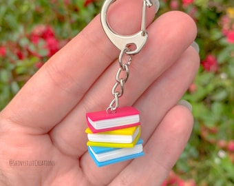 Subtle pansexual pan pride flag keychain stacked books, LGBTQ flag, queer gay bi pride month accessory, librarian teacher book lover gifts