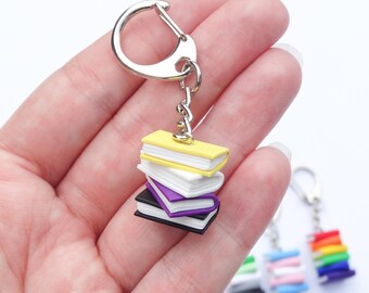 Subtle non binary enby pride flag keychain stacked books, LGBTQ flag, queer gay bi pride month accessory, librarian teacher book lover gifts