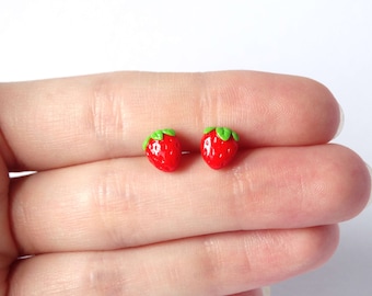 Strawberry earstuds, dainty cute tiny fruit stud post earrings red, miniature food jewelry kawaii, hypoallergenic stainless steel 925 silver