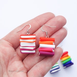 Subtle lesbian pride flag dangle earrings, stacked books geeky jewelry, LGBTQIA pride, subtle gay earrings LGBTQ+ jewelry, librarian gift