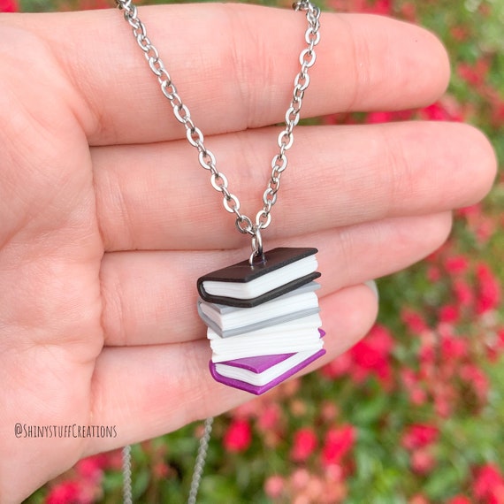 Subtle Asexual Ace Pride Flag Necklace, Stacked Books, LGBTQ Gay