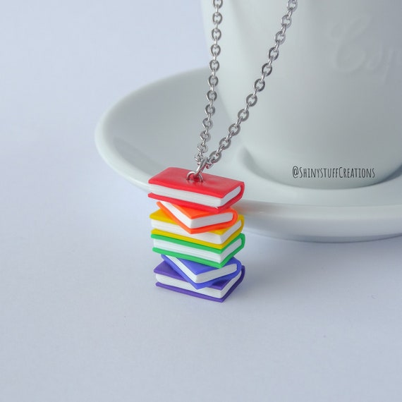 Subtle demiboy pride flag necklace librarian teacher book lover charm pendant LGBTQ gay community coming out gifts stacked books books