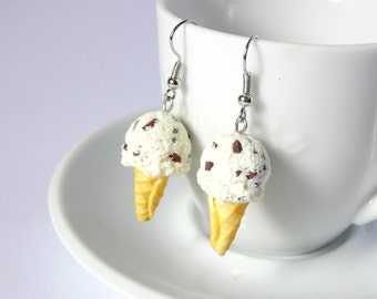 Ice cream earrings, chocolate chip Stracciatella gelato, icecream cone dangle drop summer jewelry, cute kawaii miniature food charms, gifts