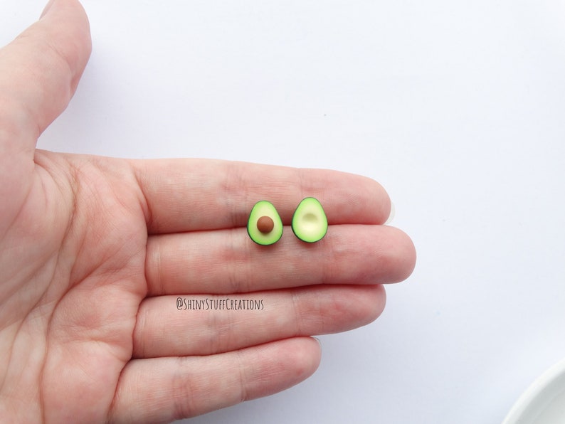 Avocado stud earrings, asymmetrical miniature food earstuds, funny quirky vegan/vegetarian/millennial gift, sterling silver/stainless steel image 1