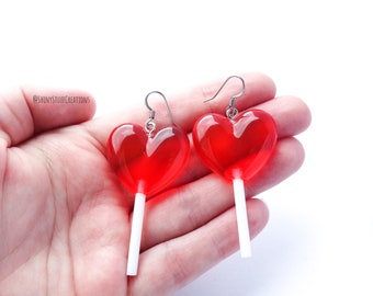 Grote hart lolly oorbellen rood, lollipop snoep, kleurrijke grappige gekke sieraden, Sinterklaas Kerst cadeau 925 sterling zilver