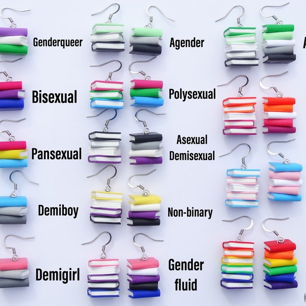 Asymmetric subtle pride flag dangle earrings, stacked books, LGBTQIA+ trans enby gay bisexual ace pride jewelry accessory fashion, librarian