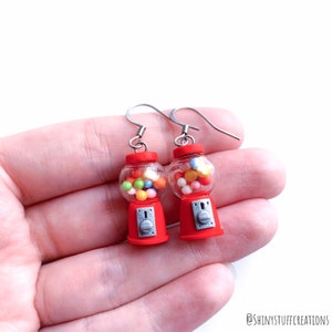 Gumball machine earrings, bright red cute kawaii, miniature food candy, dangle drop jewelry, shaker charm, funny quirky polymer clay jewelry