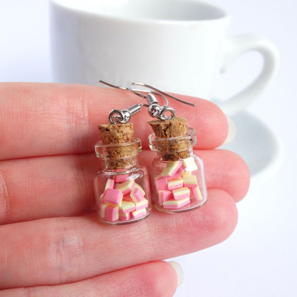 Pink Marshmallow earrings, classic Dutch candy jar Spekkies, miniature food cute kawaii, soft pastels, tiny glass dangle drop jewelry silver