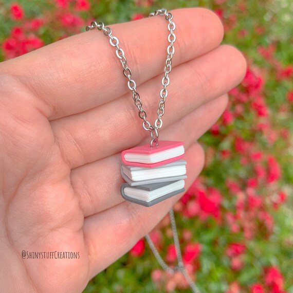 Subtle demiboy pride flag necklace librarian teacher book lover charm pendant LGBTQ gay community coming out gifts stacked books books