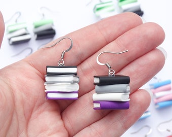 Subtle asexual ace pride flag dangle earrings, stacked books geeky jewelry, LGBTQIA pride, subtle demisexuel earrings LGBTQ+ jewelry