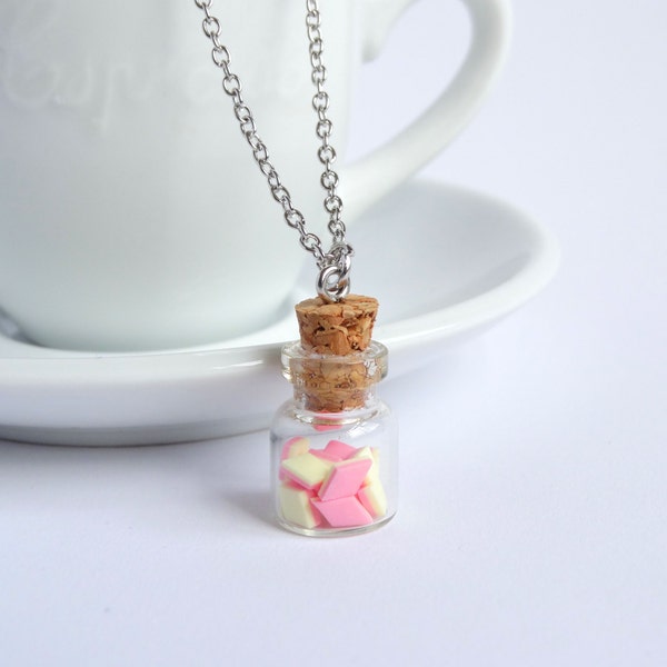 Pink Marshmallow necklace, classic Dutch candy jar Spekkies, miniature food cute kawaii, soft pastels, sweet lolita fashion light baby pink