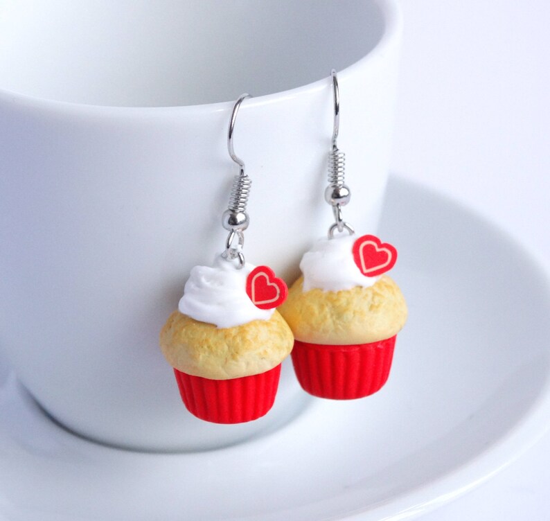 Cute red heart cupcake dangle earrings red Love miniature food jewelry Valentine/'s day present gift handmade kawaii earrings