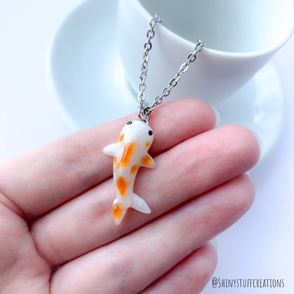 Koi necklace, Japanese koi carp fish Kohaku charm, miniature small animal aquarium pond pendant, hypoallergenic stainless steel chain short