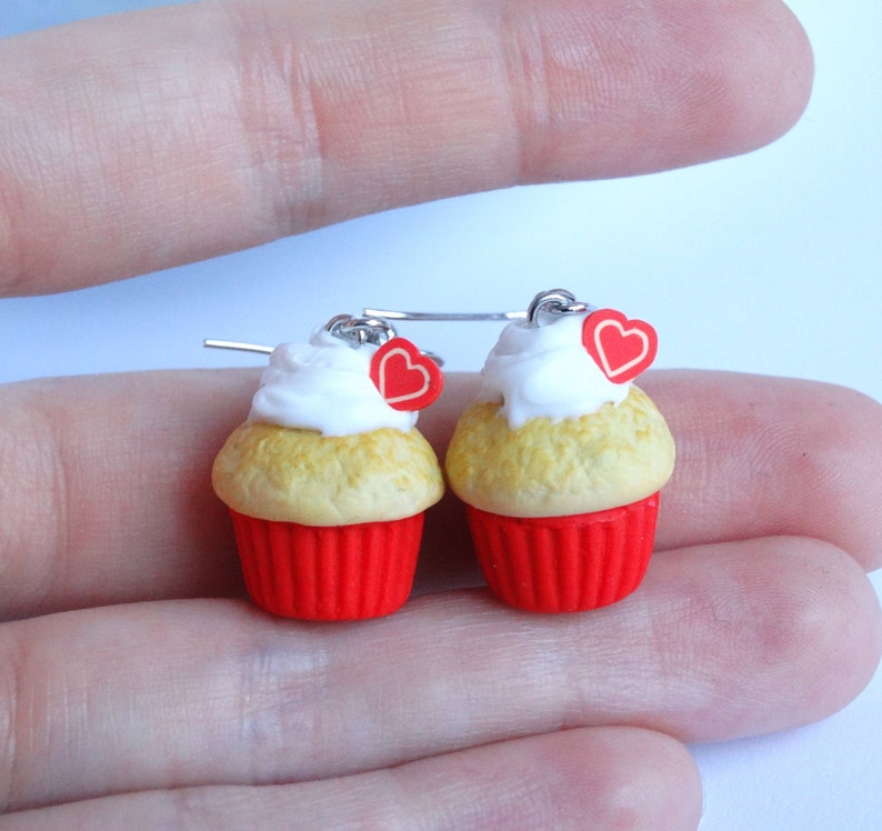 Cute red heart cupcake dangle earrings red Love miniature food jewelry Valentine/'s day present gift handmade kawaii earrings
