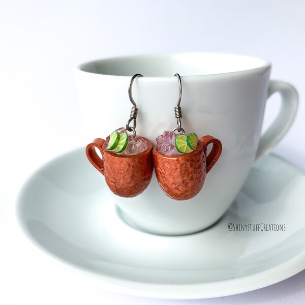 Moscow Mule cocktail earrings, miniature alcohol copper cup mug earrings, lime cocktail, funny jewelry