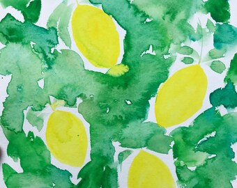 Lemon Tree, 9x12". Original Watercolor Painting. Fine art-nursery-watercolor. Kitchen art. Foodie. Yellow. Green. Citrus.