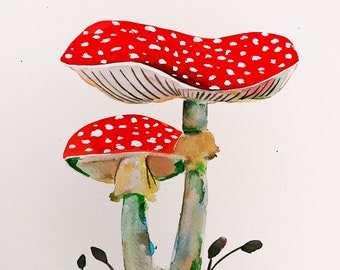 Two Magic Mushrooms, 9x12”. Print of Watercolor. Fine Art-Kitchen Art. Foodie. Mushrooms.